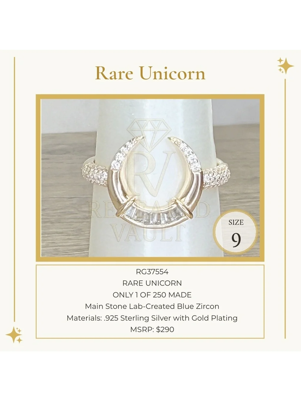 Rare Unicorn  - Size 9 - Sterling Club Vermeil
